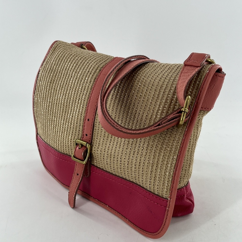 Rare Vintage Fossil Crossbody Messenger Straw & Leather Tablet Bag Pink Coral - Picture 4 of 16
